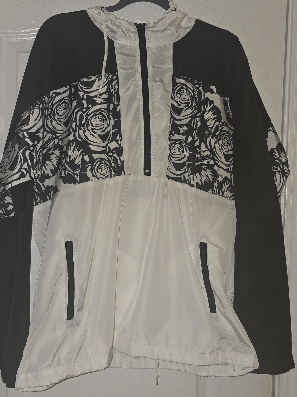 Black & White Floral Panel Hooded Utility Jacket